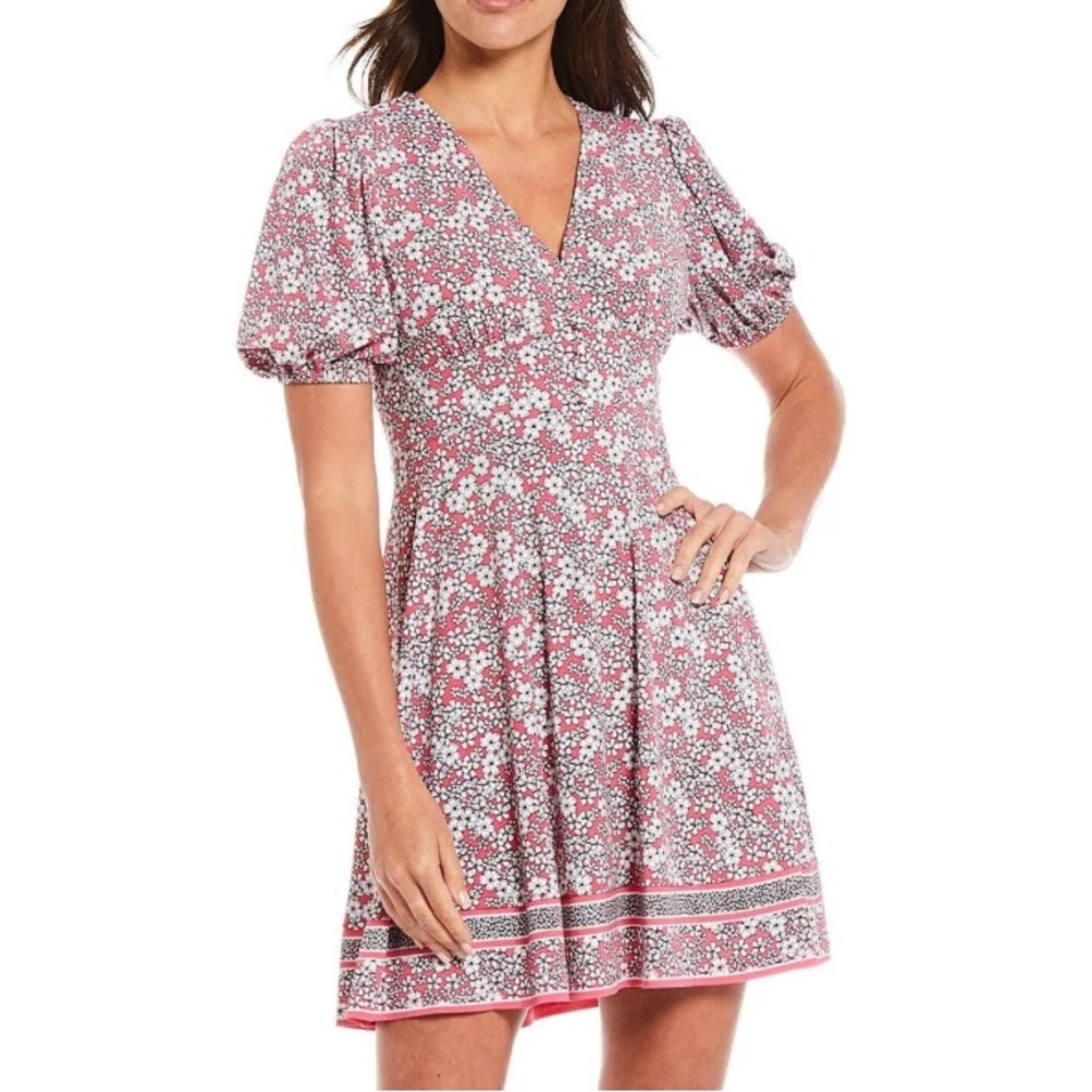 🌸 MICHAEL KORS Rose Pink Floral Mini Dress | Puff Sleeve V-Neck | Size M